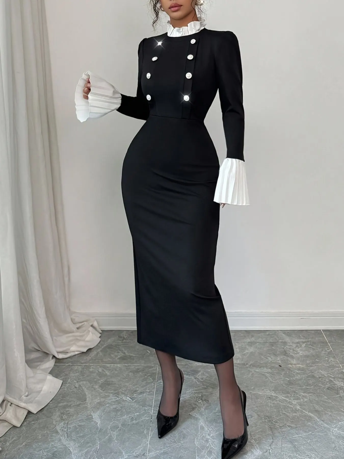 Two Tone Long Sleeve Midi Dress