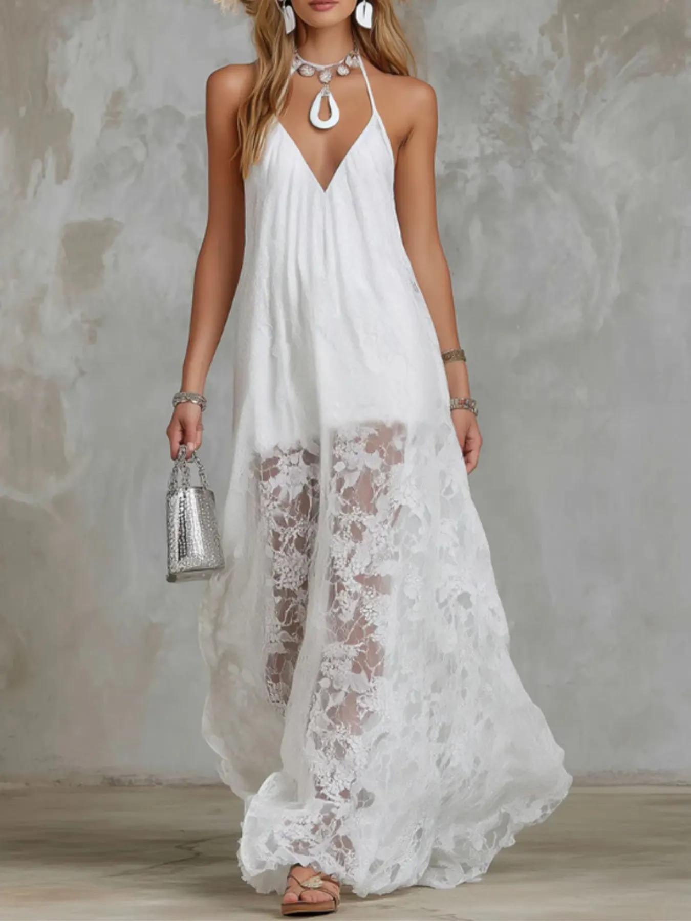 Halter Neck Lace Hem Maxi Dress