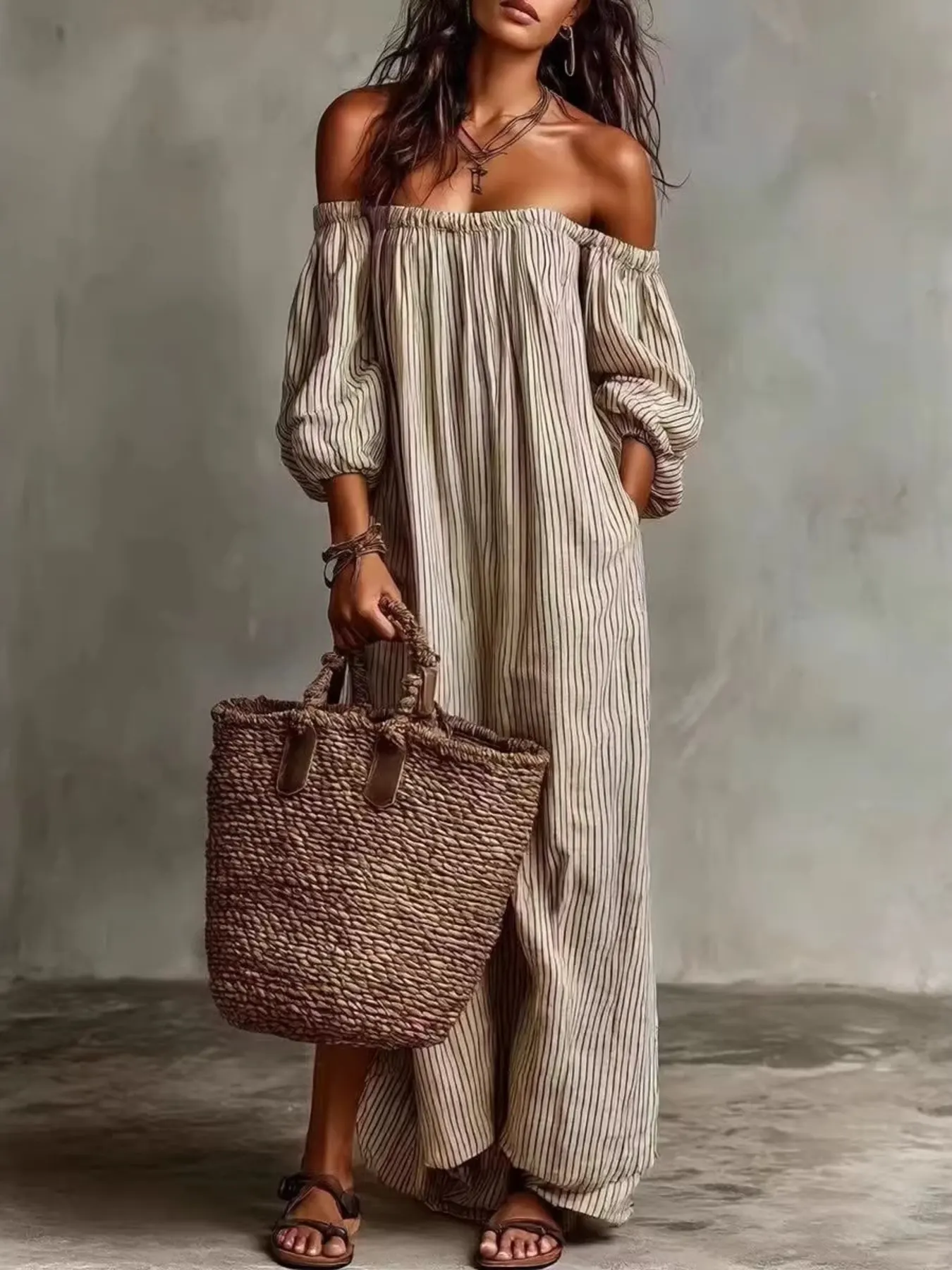 Full Size Off-Shoulder Striped Maxi Dress with Puff Sleeves Plus Size