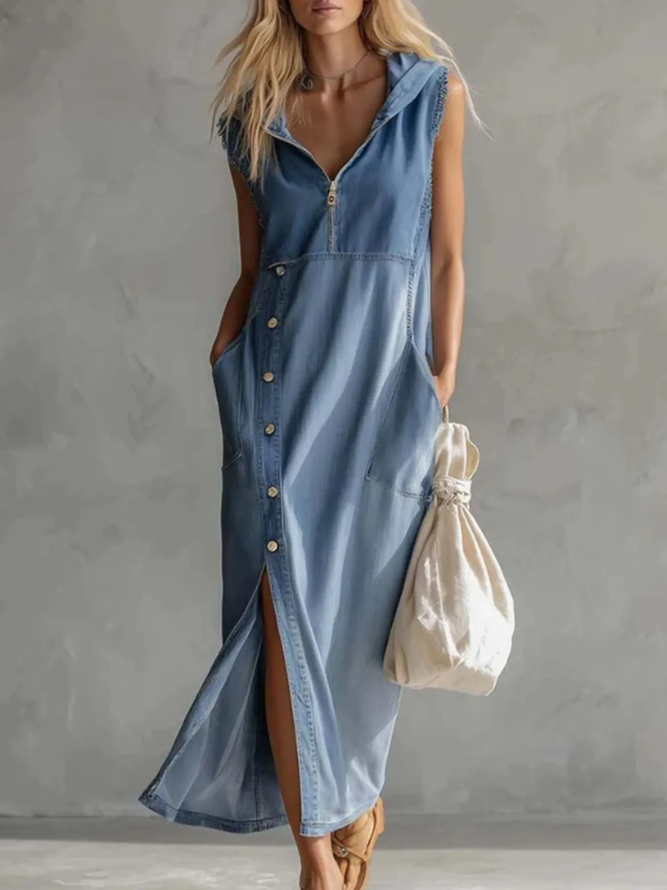 Slit Sleeveless Hooded Denim Maxi Dress