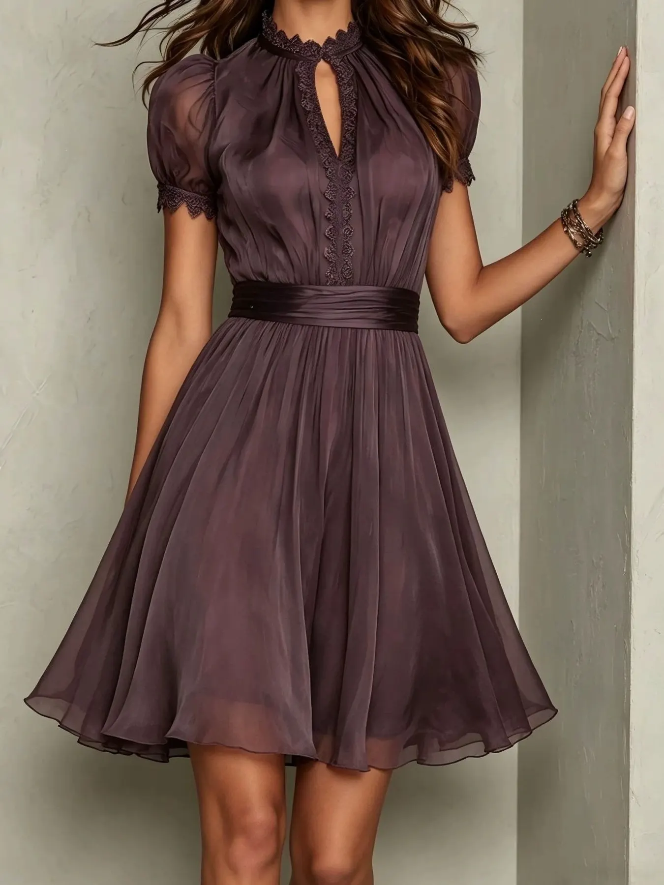 Full Size Lace Trim Puff Sleeve A-Line Dress Plus Size